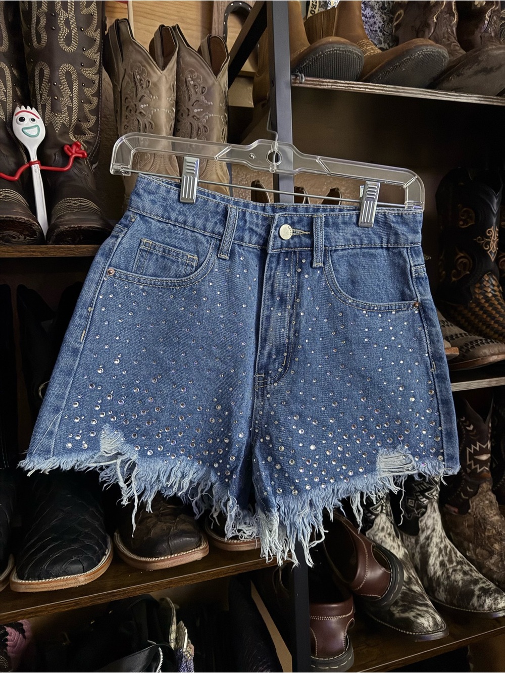 SHEIN Studded Frayed Hem Denim Shorts - Blue